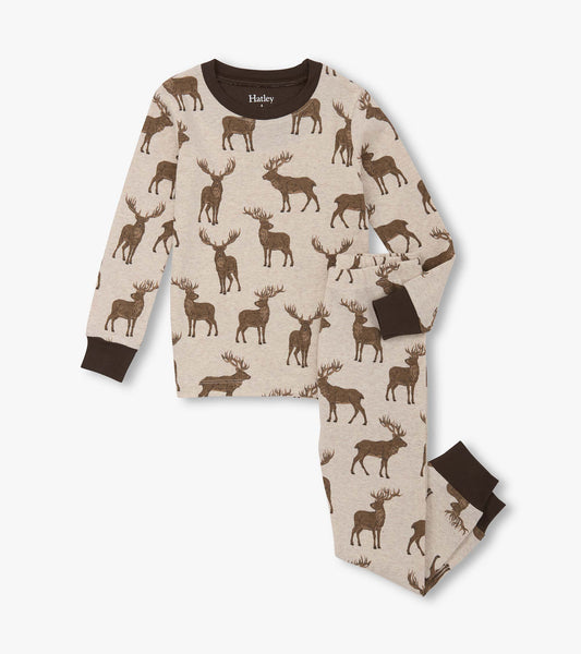 Pyjama en coton pour garçon – Cerfs des bois sur fond avoine