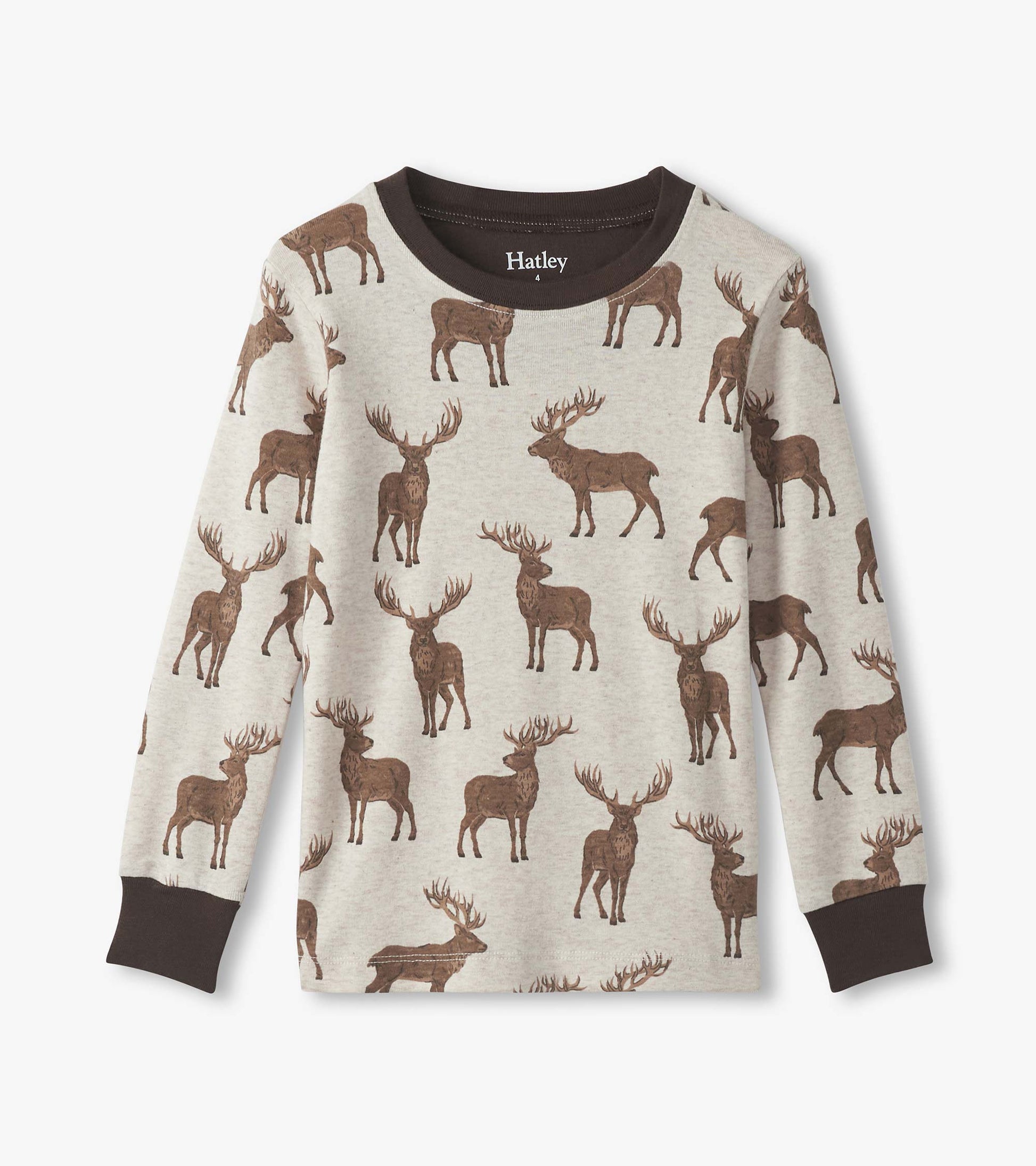 Light gray cotton pajama top featuring a brown stag pattern and a dark brown crew neckline.