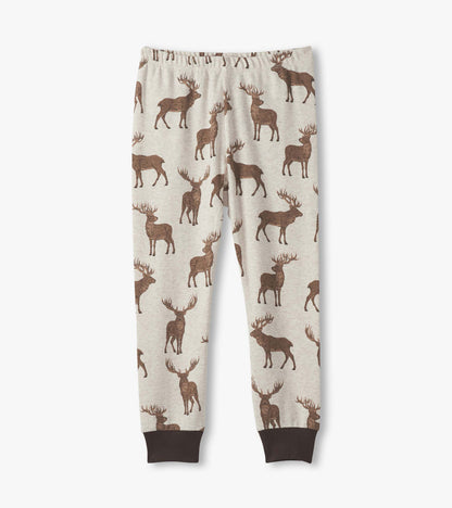 Light gray cotton pajama pants featuring a brown stag pattern and dark cuffs. Elastic waistband for comfort.