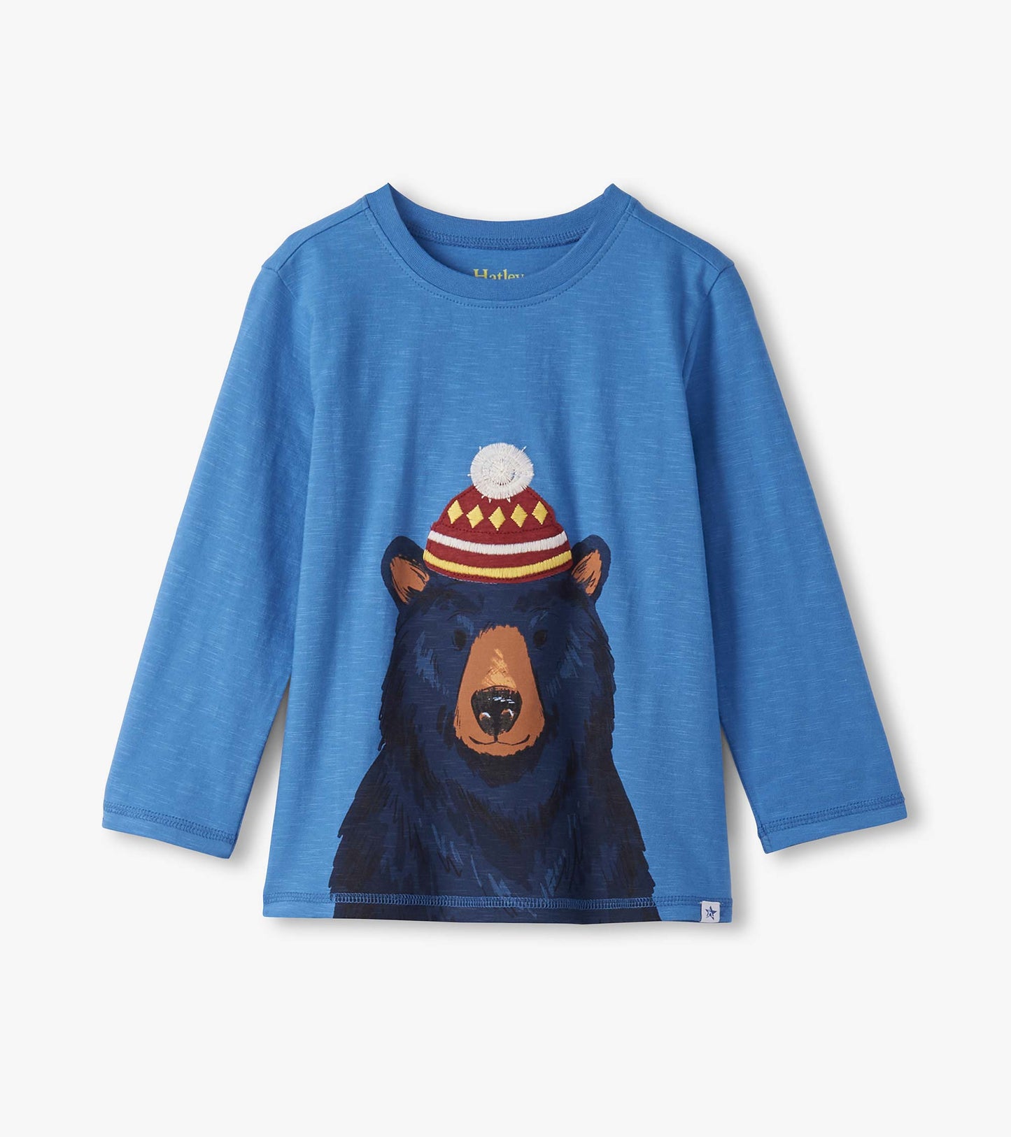 Blue long sleeve tee featuring a bear wearing a colorful hat, ideal for casual wear.