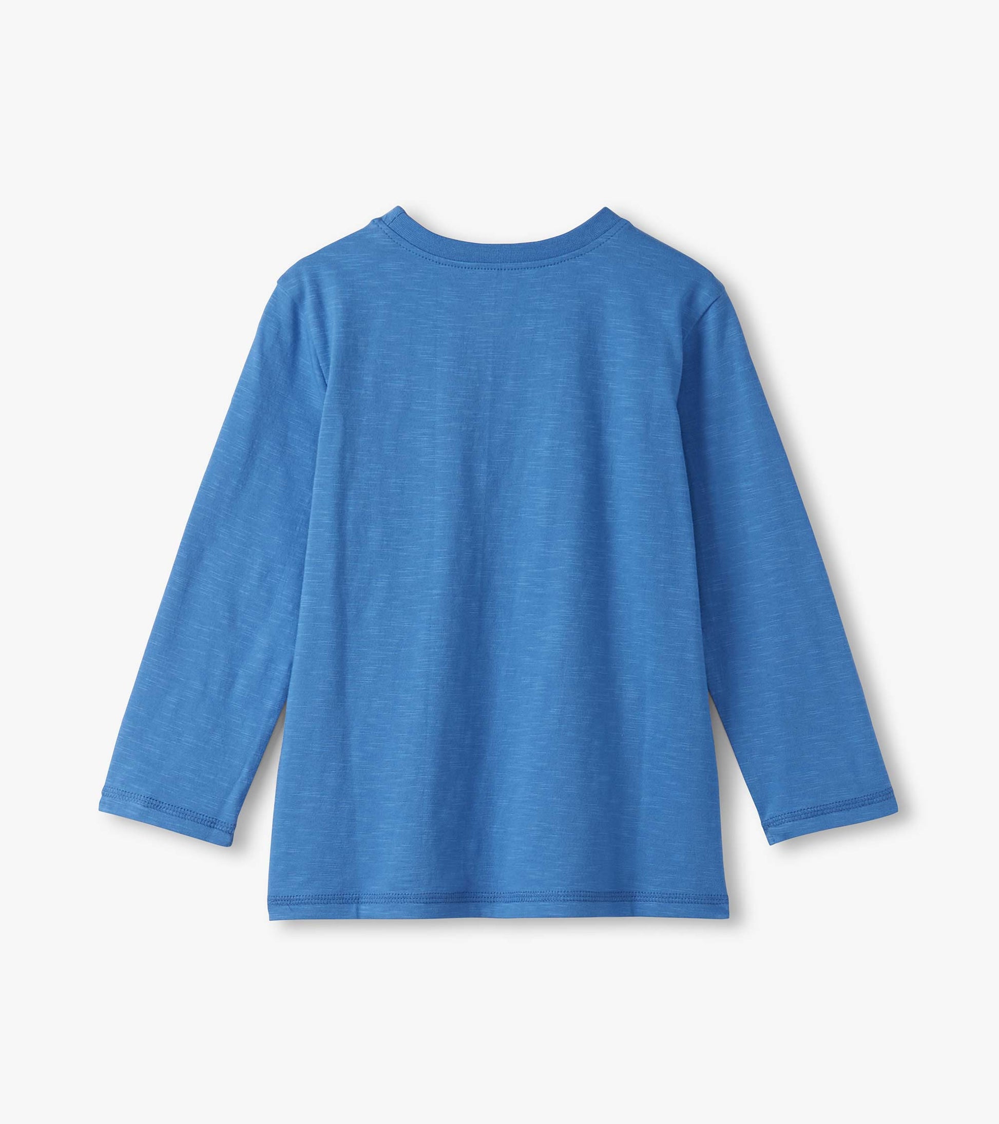 Long sleeve graphic tee in bright blue with a soft texture and a classic crew neckline.