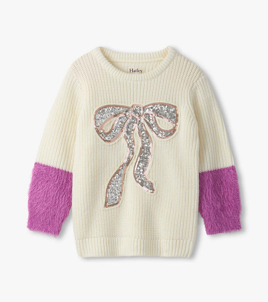 Girls Gold Bow Fluffy Sleeve Sweater