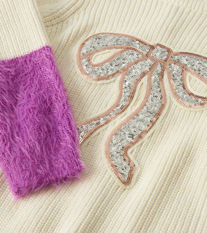Girls Gold Bow Fluffy Sleeve Sweater