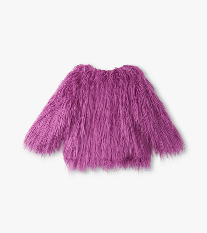 Radiant orchid faux fur topper with long sleeves and a soft, shaggy texture.
