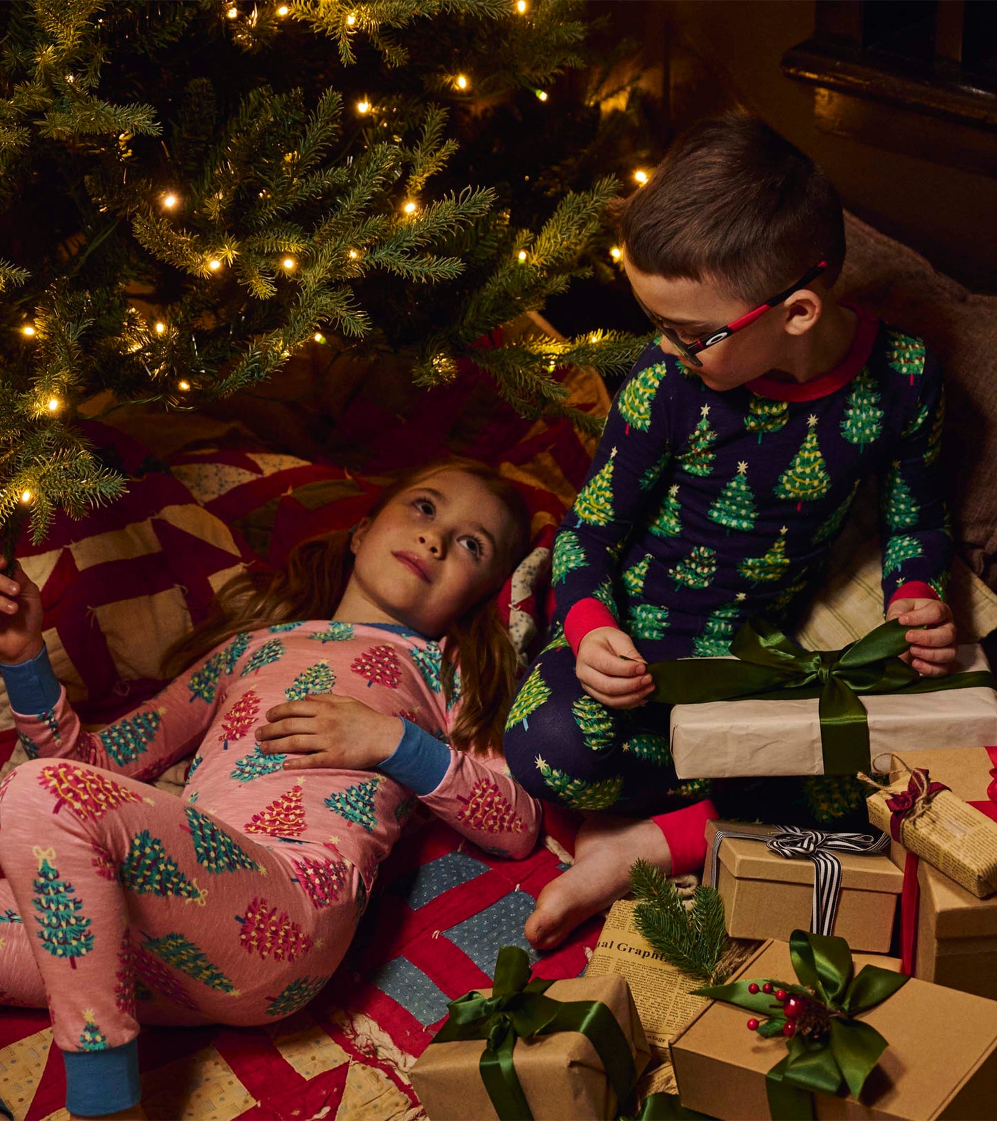 Girls Pink Bottle Brush Trees Cotton Pajama Set