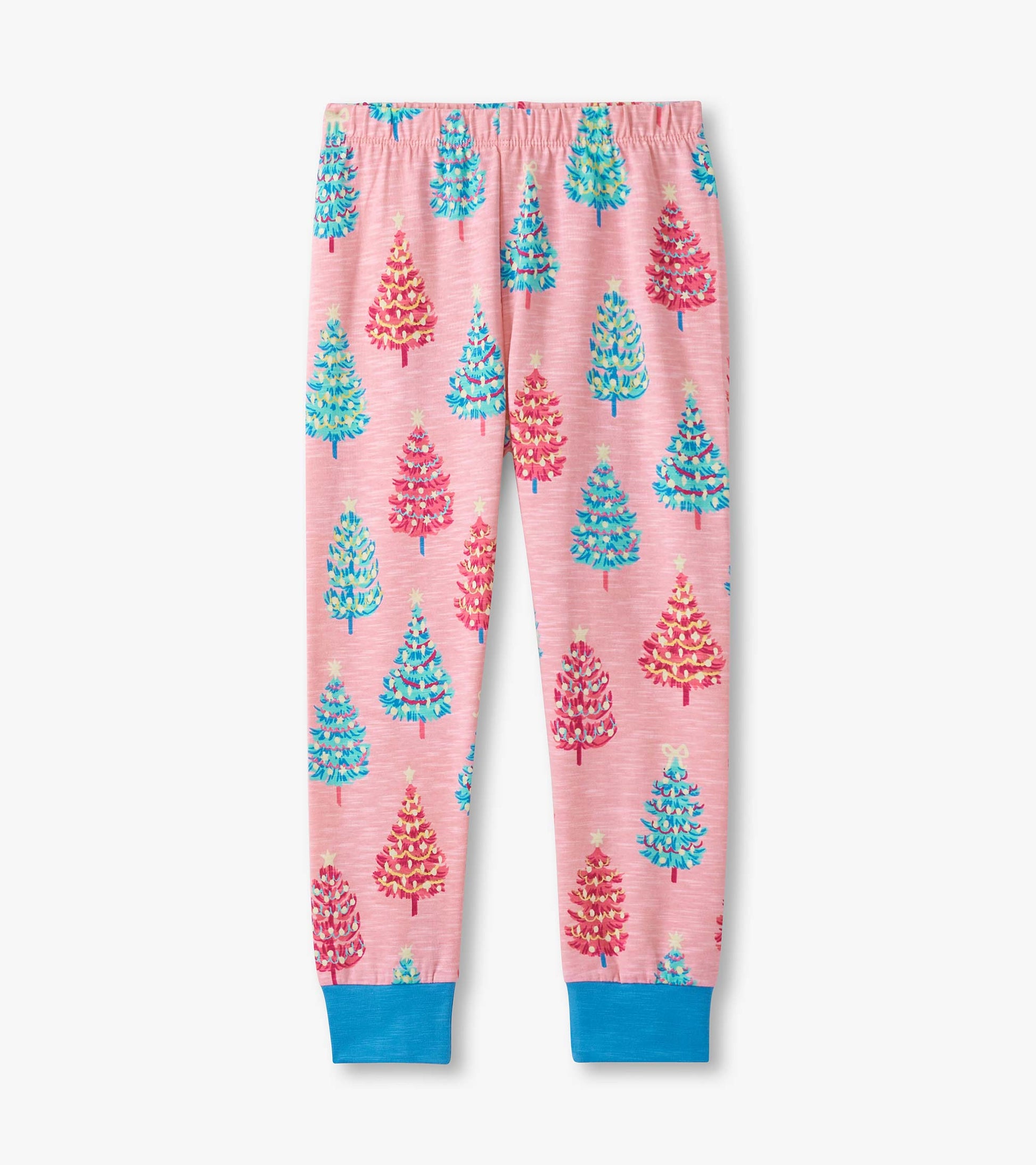 Pink pajama pants featuring colorful bottle brush trees and blue cuffs, perfect for cozy sleepwear.