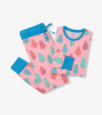 Women's Pink Bottle Brush Trees Cotton Pajama Set