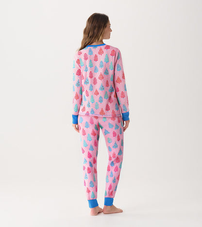Women's Pink Bottle Brush Trees Cotton Pajama Set