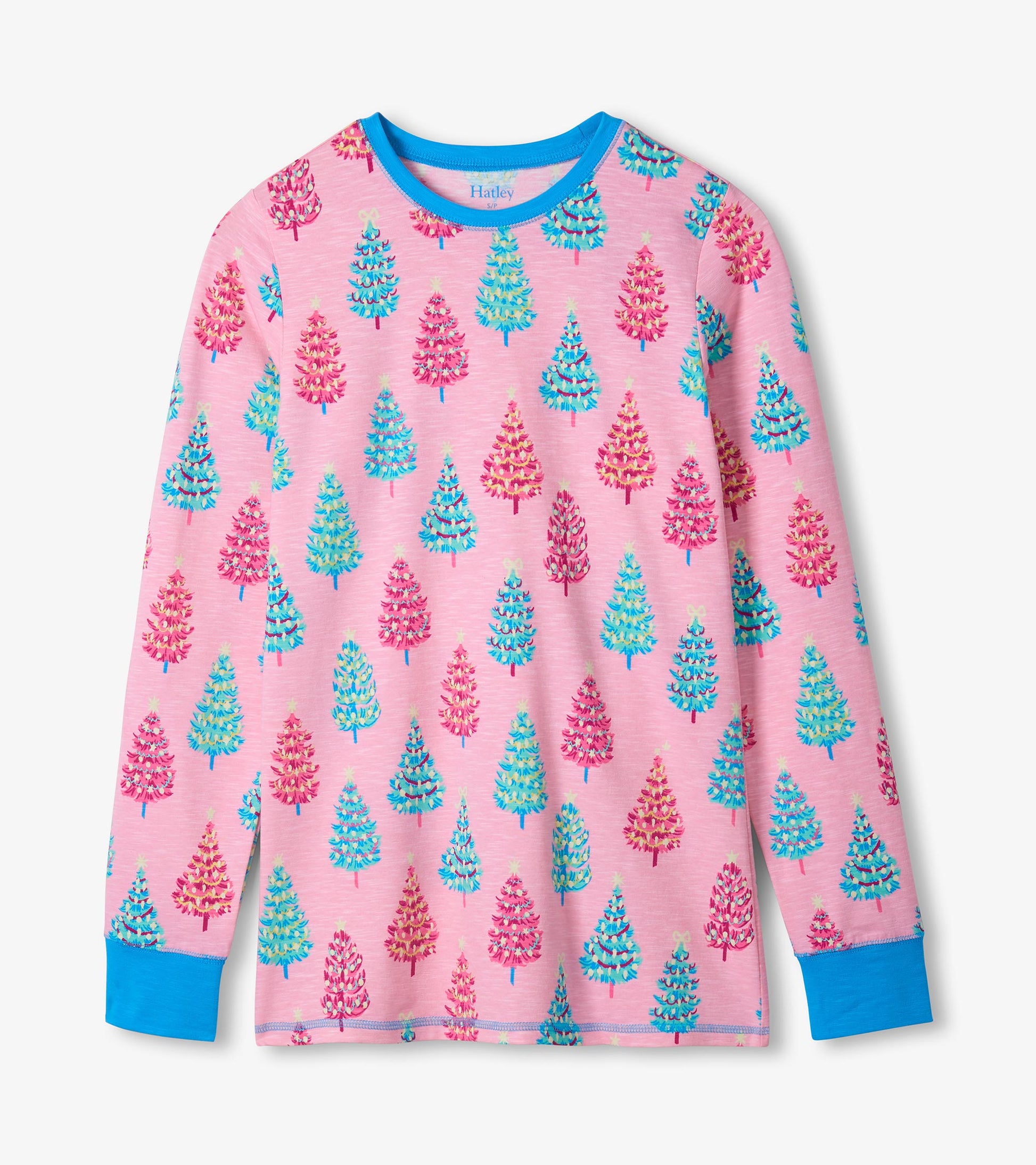 Long-sleeve pink pajama top with colorful bottle brush tree pattern and blue cuffs.