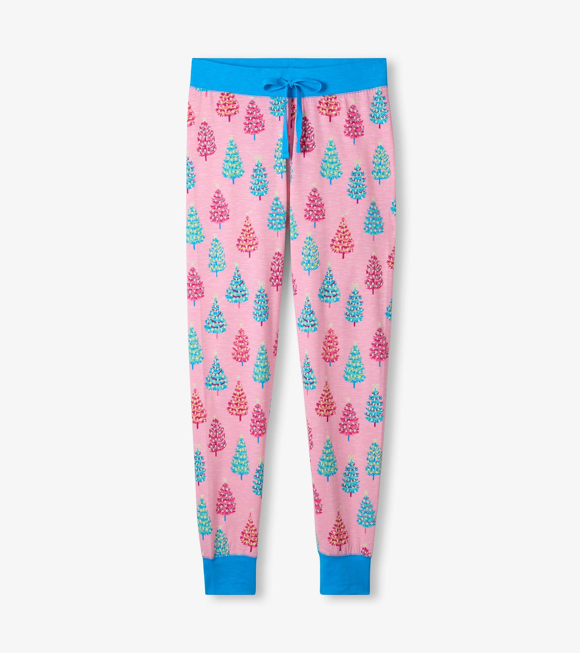 Pink cotton pajama pants featuring a colorful bottle brush tree pattern and a blue drawstring waistband.
