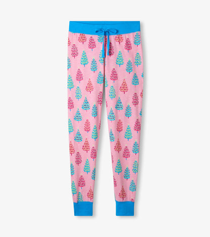 Pink cotton pajama pants featuring a colorful bottle brush tree pattern and a blue drawstring waistband.