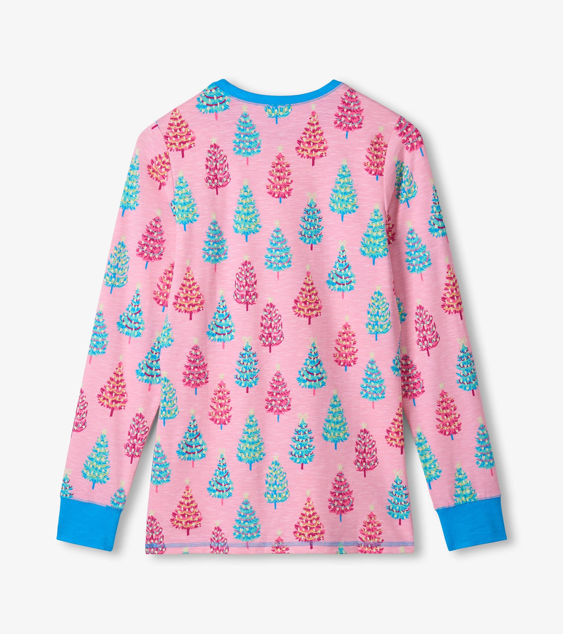 Long-sleeve cotton pajama top in pink with colorful bottle brush tree pattern and blue cuffs.