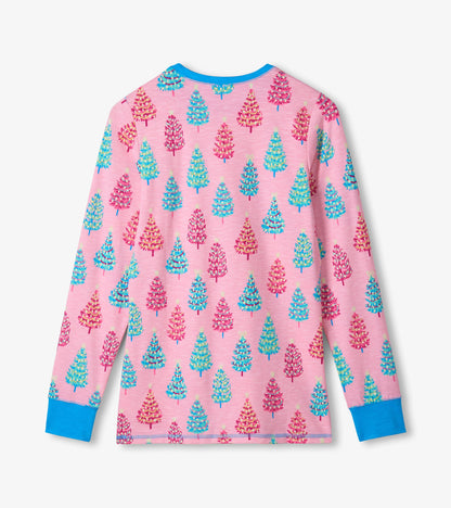 Long-sleeve cotton pajama top in pink with colorful bottle brush tree pattern and blue cuffs.