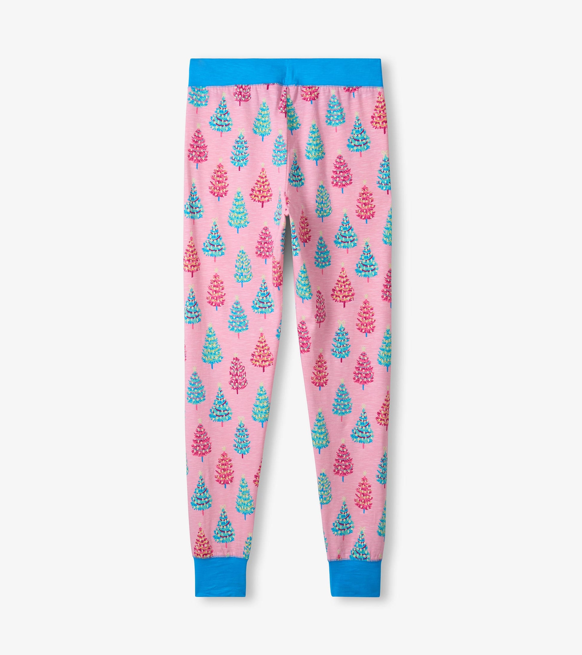 Pink cotton pajama pants featuring colorful bottle brush tree patterns and a blue waistband.