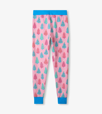 Pink cotton pajama pants featuring colorful bottle brush tree patterns and a blue waistband.