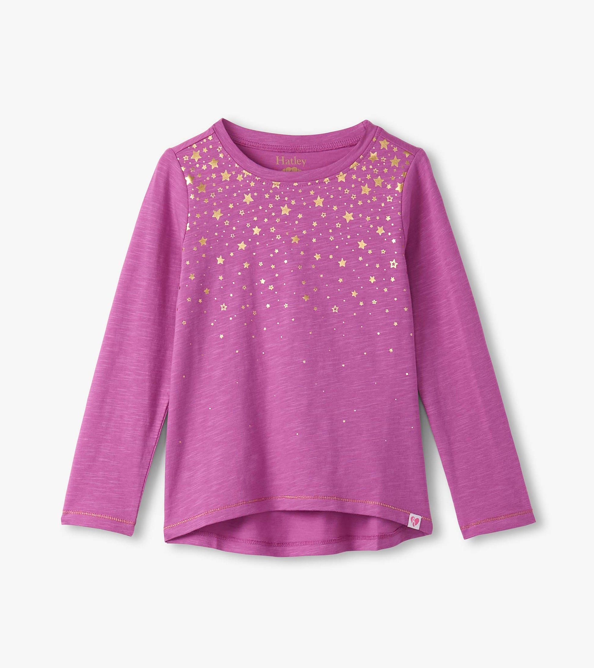 Long sleeve pink graphic tee featuring a gold star pattern on the front, made from soft, lightweight material.