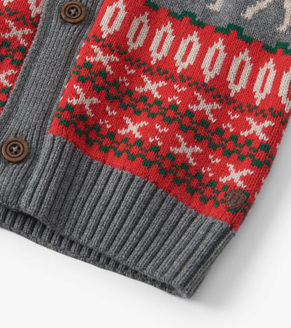 Red and gray knit cardigan featuring a festive elk pattern, ribbed cuffs, and wooden buttons.