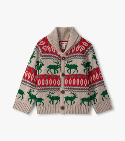 Beige cardigan with red and green elk pattern, shawl collar, and button closure, suitable for baby and toddler boys.