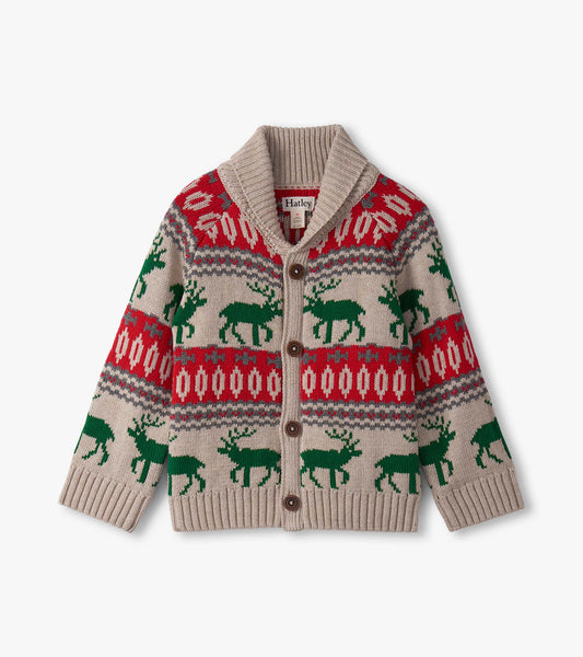 Beige cardigan with red and green elk pattern, shawl collar, and button closure, suitable for baby and toddler boys.