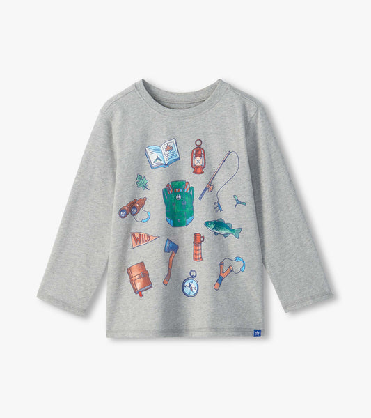 Heather gray crew neck long sleeve tee with colorful backpacking and fishing graphic icons