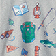 Children’s clothing and accessories pattern with T-shirts, sneakers, hat, and backpack on a light background