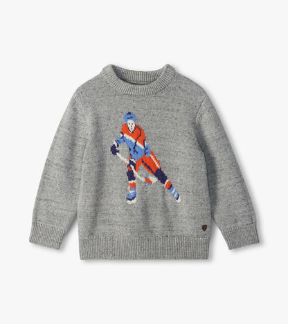 Heather gray boys crew neck sweater with ribbed trim and hockey player graphic on the front