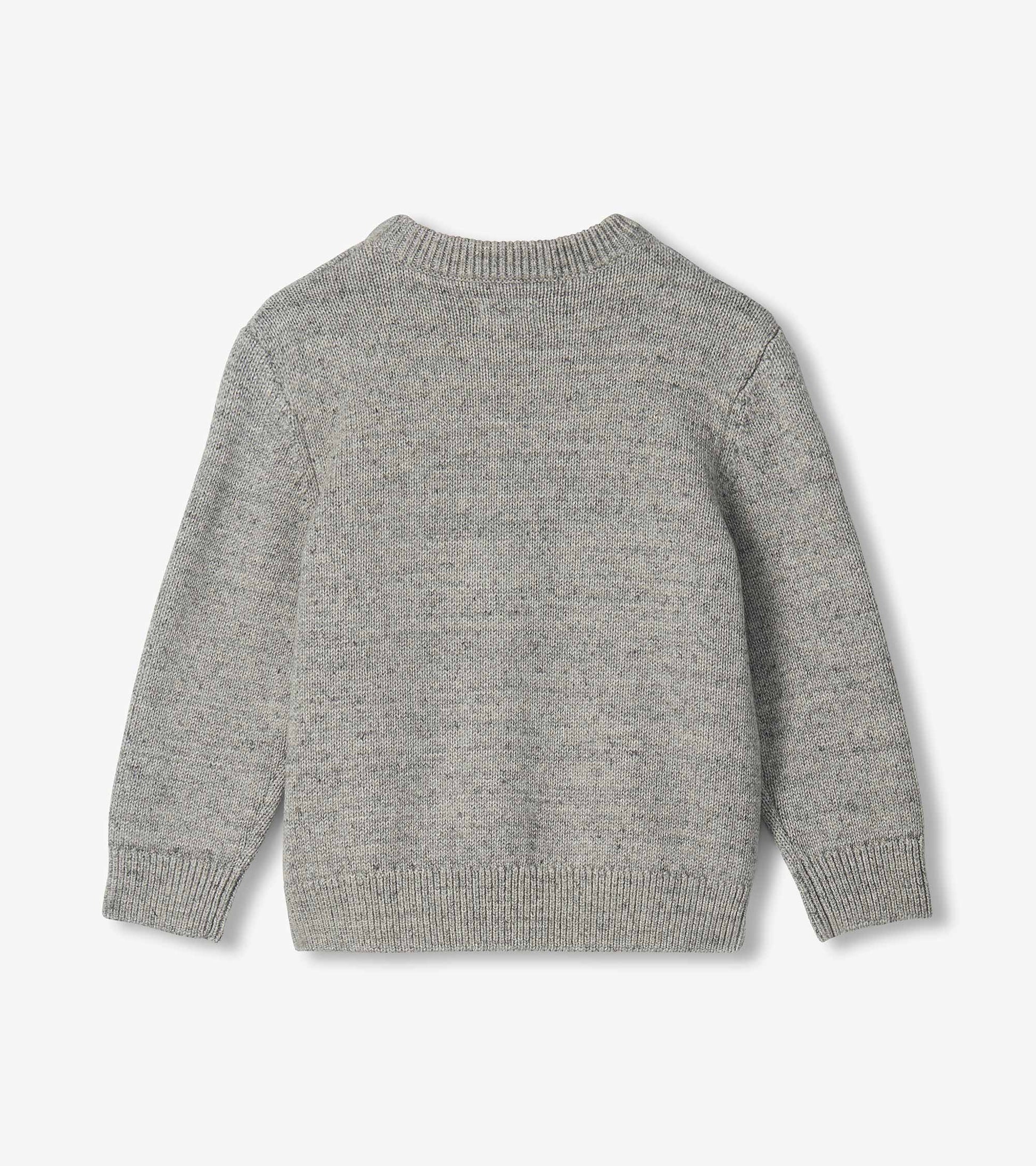 Back view of heather gray boys crew neck sweater with long sleeves and ribbed neckline, cuffs, and hem