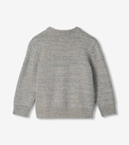 Back view of heather gray boys crew neck sweater with long sleeves and ribbed neckline, cuffs, and hem