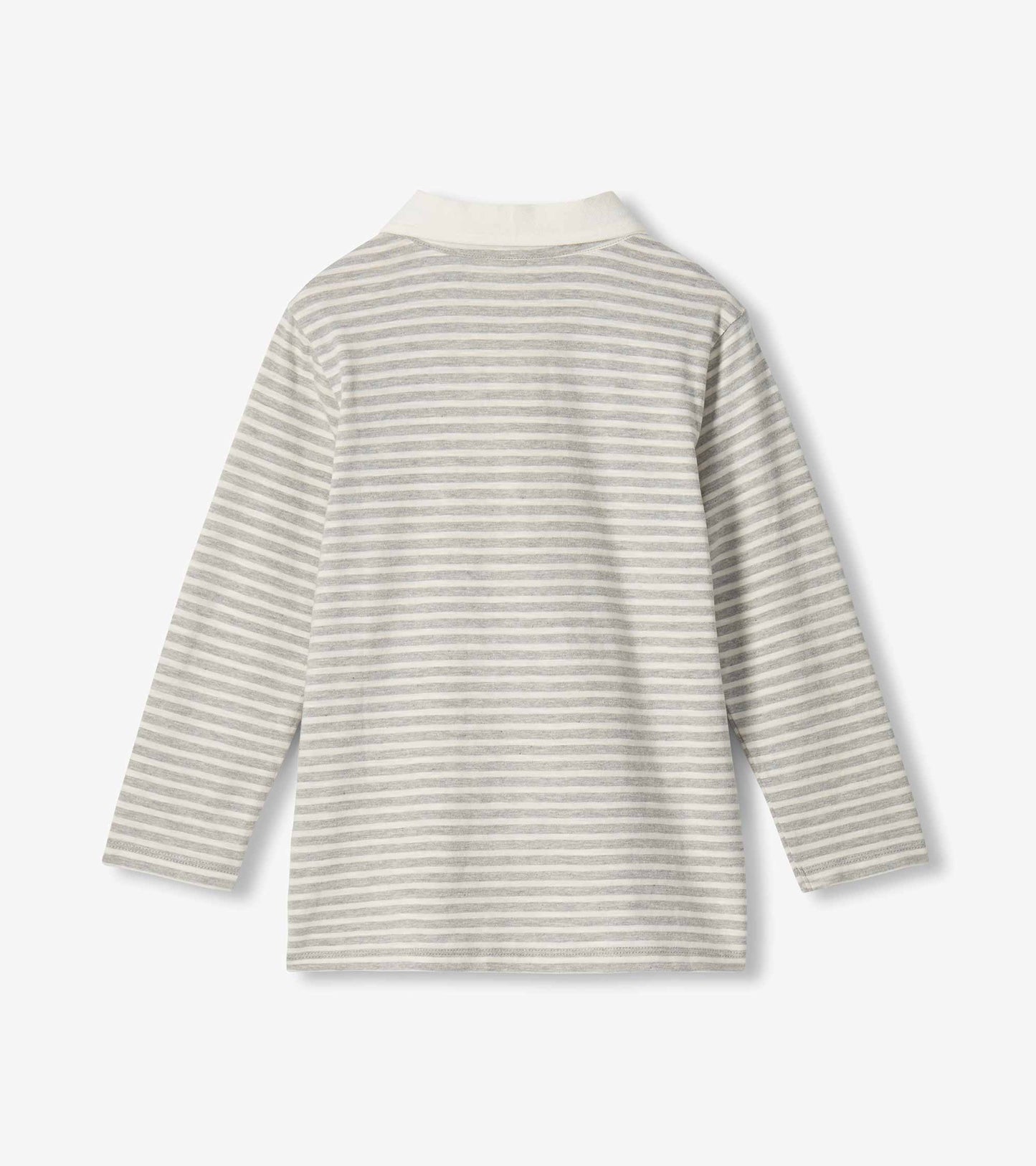 Back view of boys long sleeve rugby shirt with grey and cream stripes and white collar