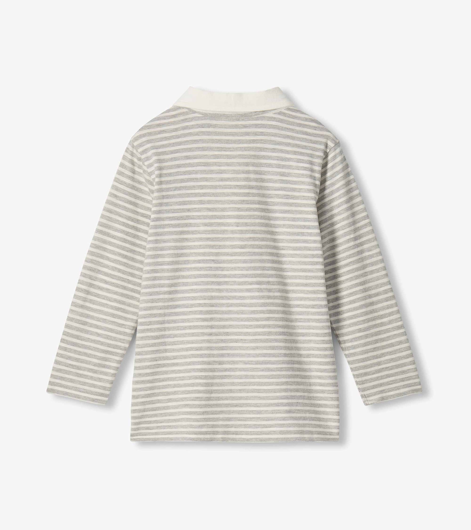 Back view of boys long sleeve rugby shirt with grey and cream stripes and white collar