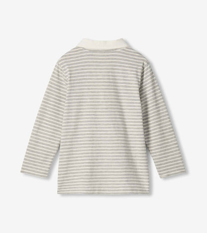 Back view of boys long sleeve rugby shirt with grey and cream stripes and white collar