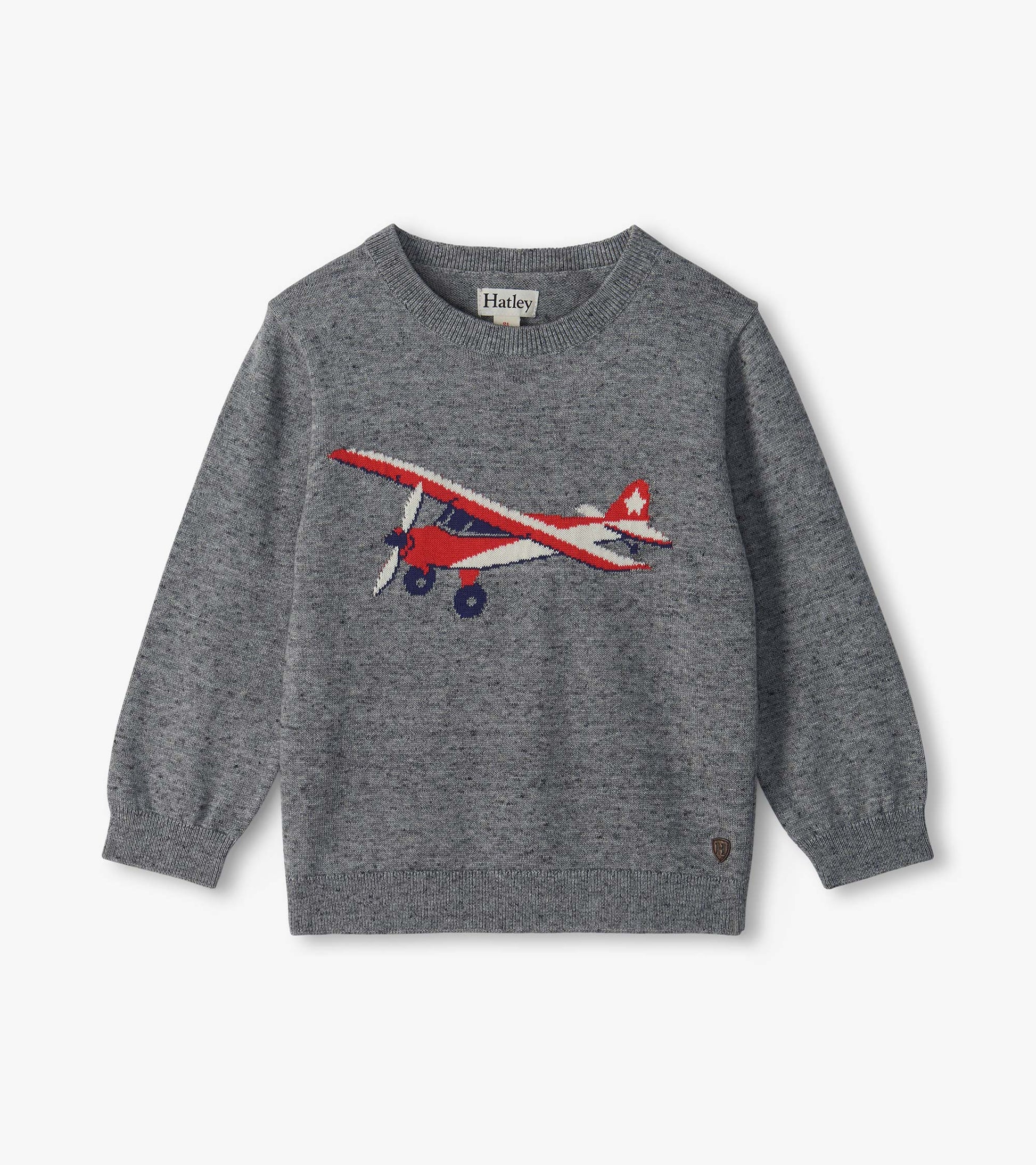 Gray crew neck sweater with a red, white, and blue vintage airplane motif on the front