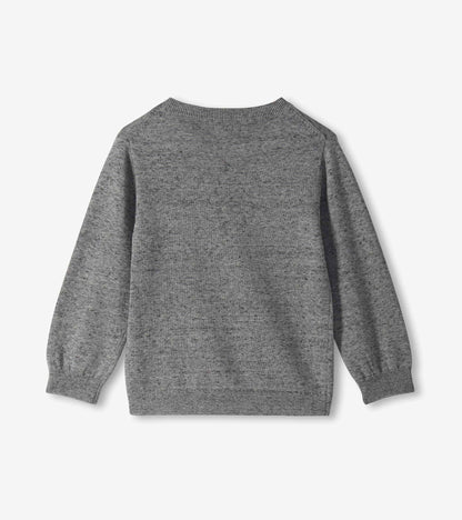 Back view of the gray crew neck sweater with long sleeves and ribbed trim