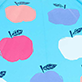 Pattern of pink, purple, and white apples on a blue background with small blue leaves