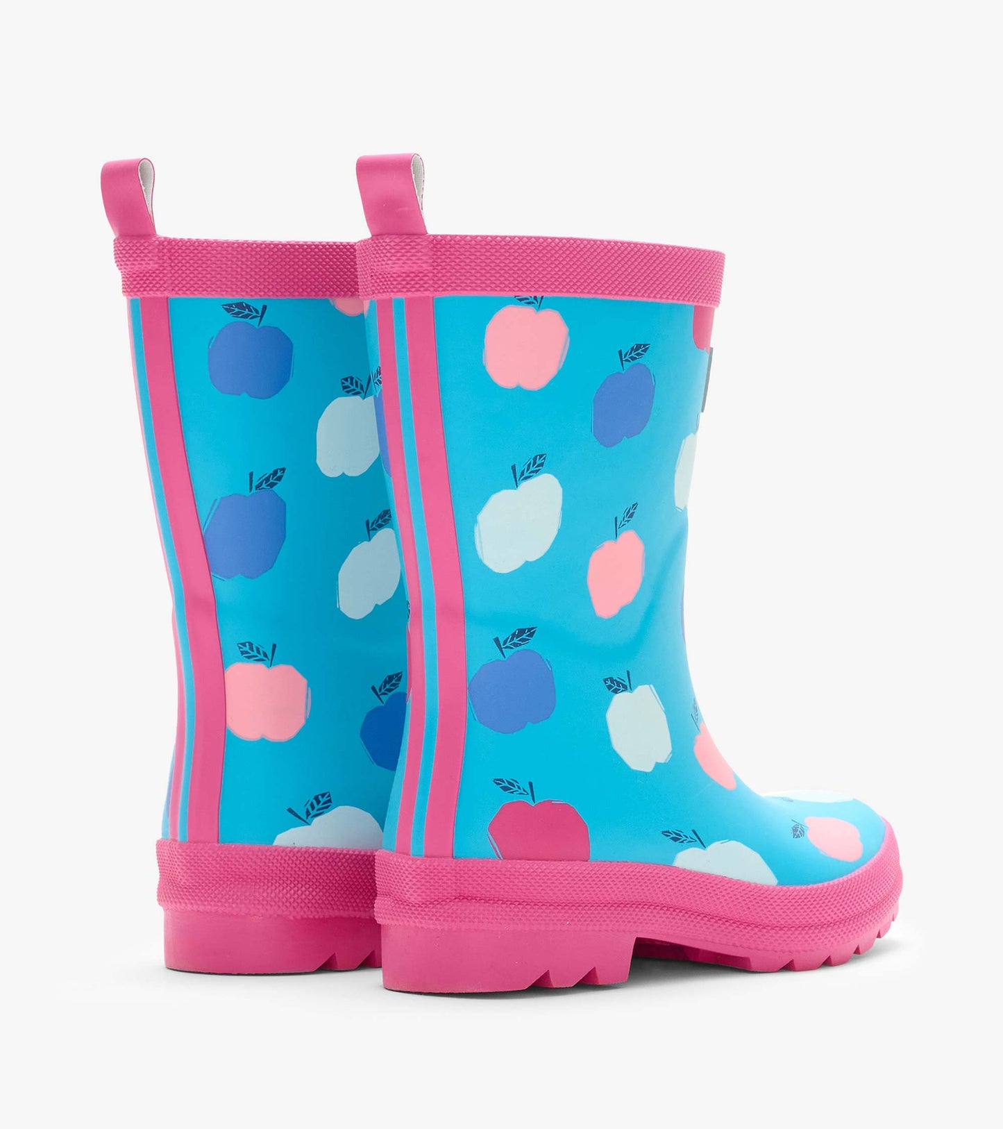 Pair of blue kids rain boots with pink trim and multicolor apple print, back view