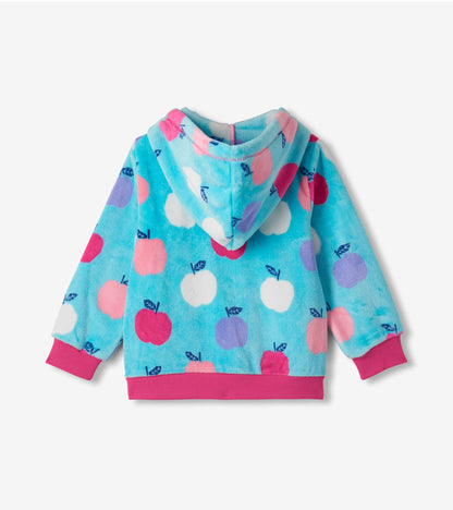 Back view of girls aqua hoodie with pink, white, and purple apple print and hot pink cuffs and hem