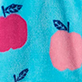 Blue background with two pink apple illustrations and small navy leaves