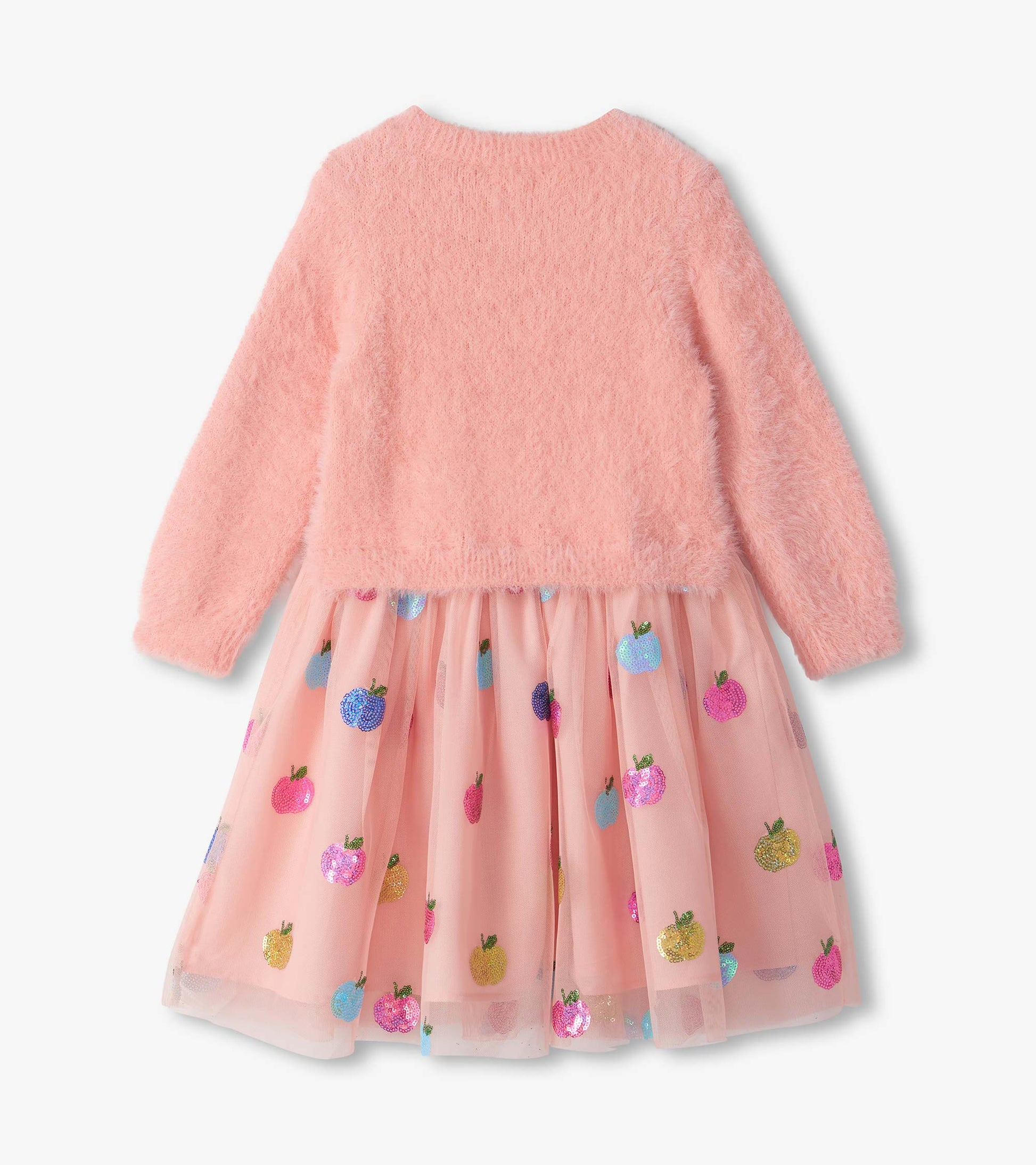 Back view of pink fuzzy mixed dress with long sleeves and tulle skirt with multicolor sequin apples