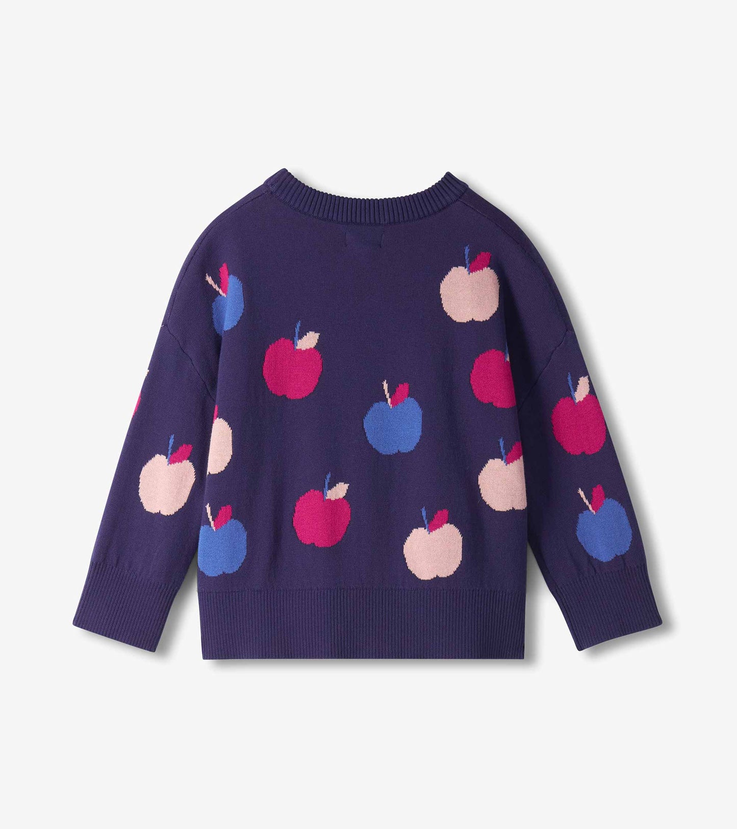Back view of girls navy sweater with pink, blue, and pale pink apples and ribbed hem and cuffs
