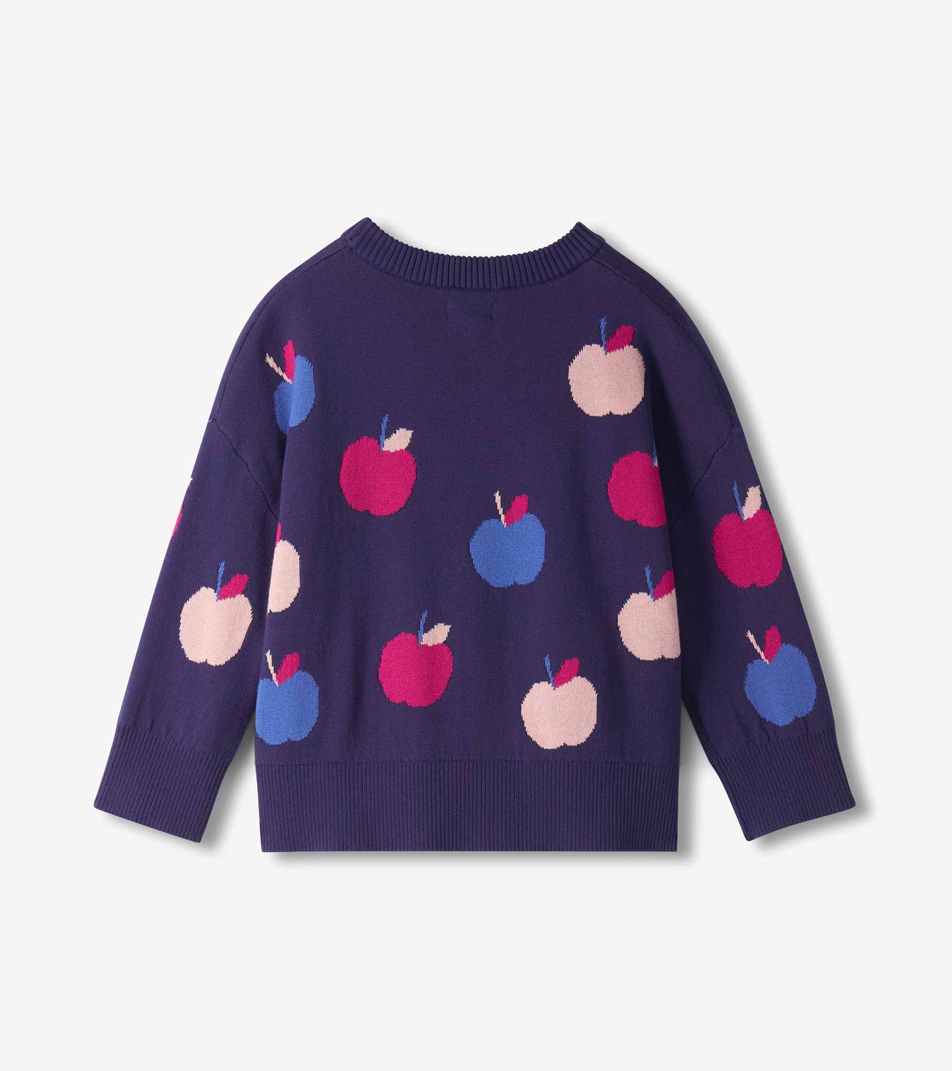 Back view of girls navy sweater with pink, blue, and pale pink apples and ribbed hem and cuffs