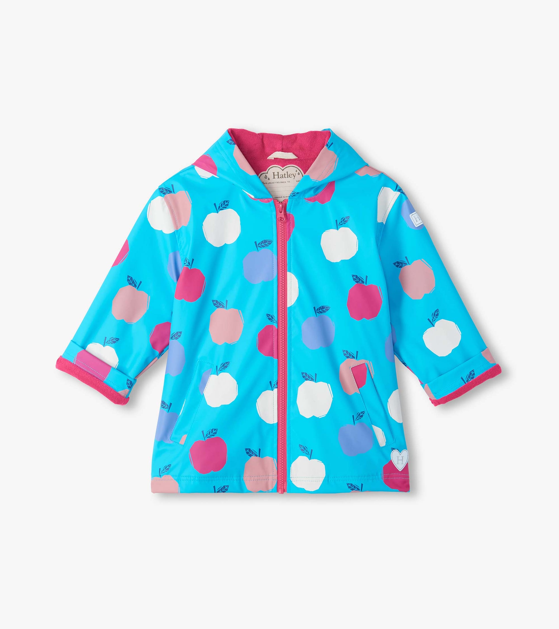 Front view of kids rain coat in bright blue with pink, white, and purple apple print and pink zipper