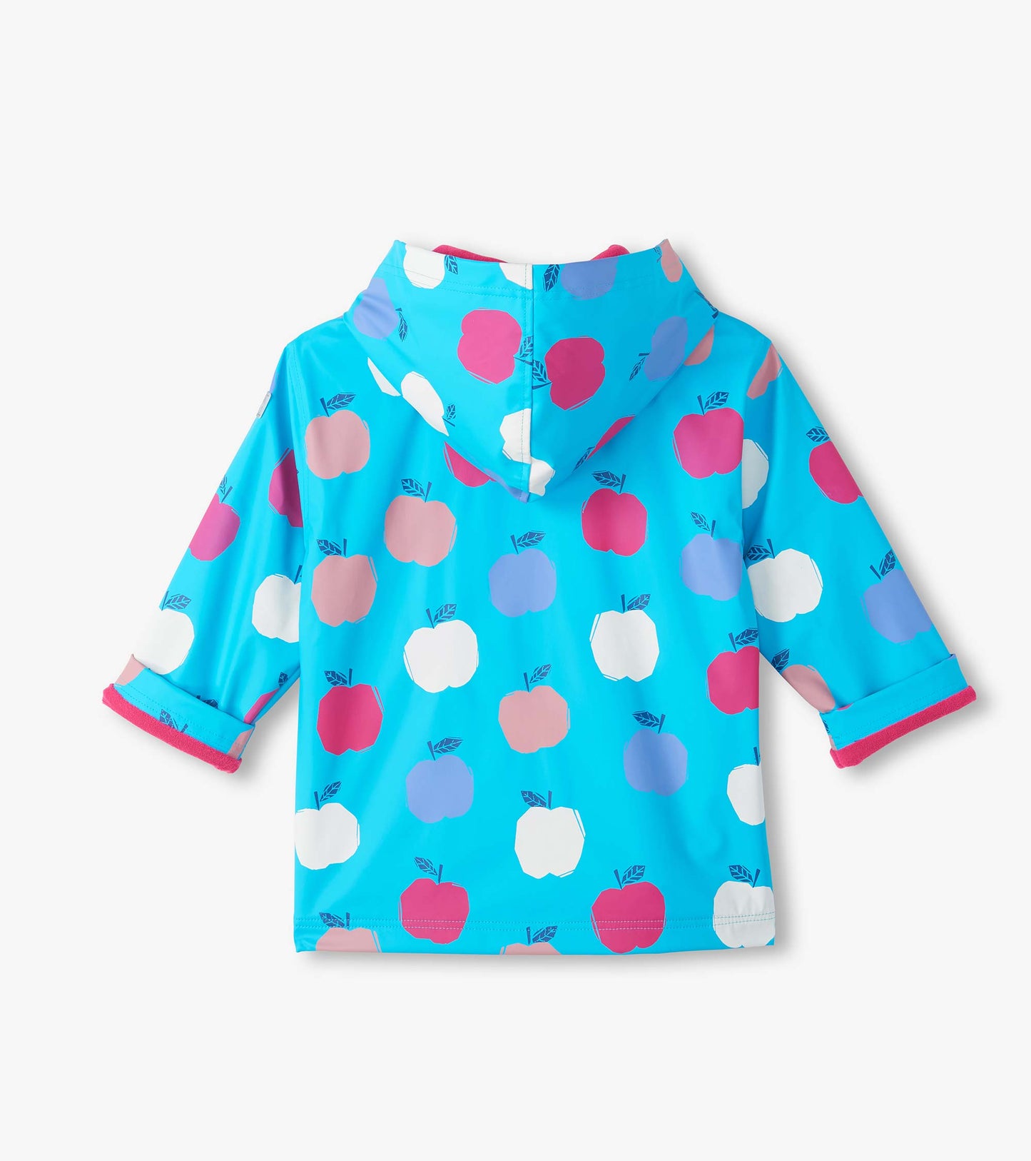 Back view of kids blue hooded rain coat with pink, white, and purple apple print