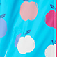 Blue abstract pattern with pink, white, and light blue flower shapes