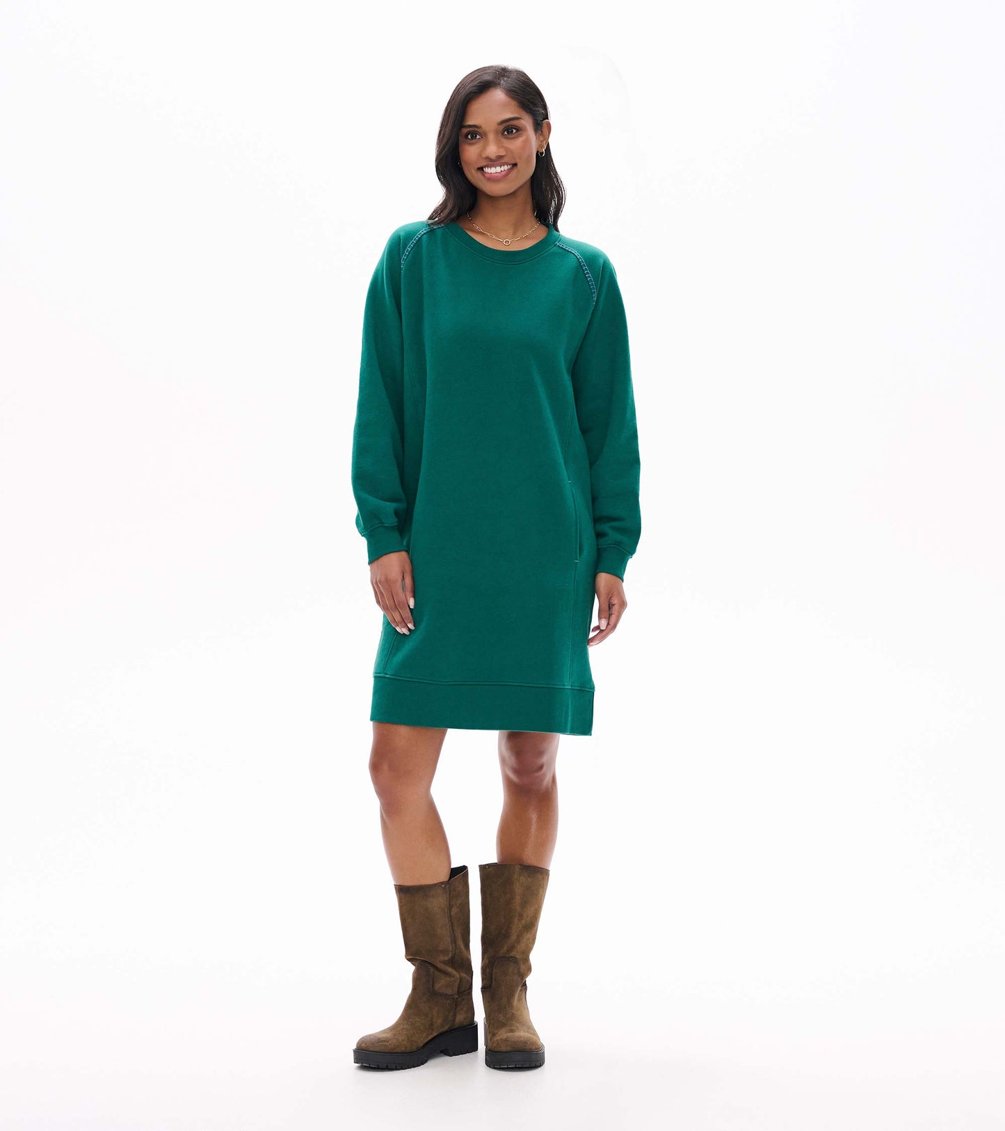 Aventurine green long sleeve sweatshirt dress with crew neck and ribbed hem, front view
