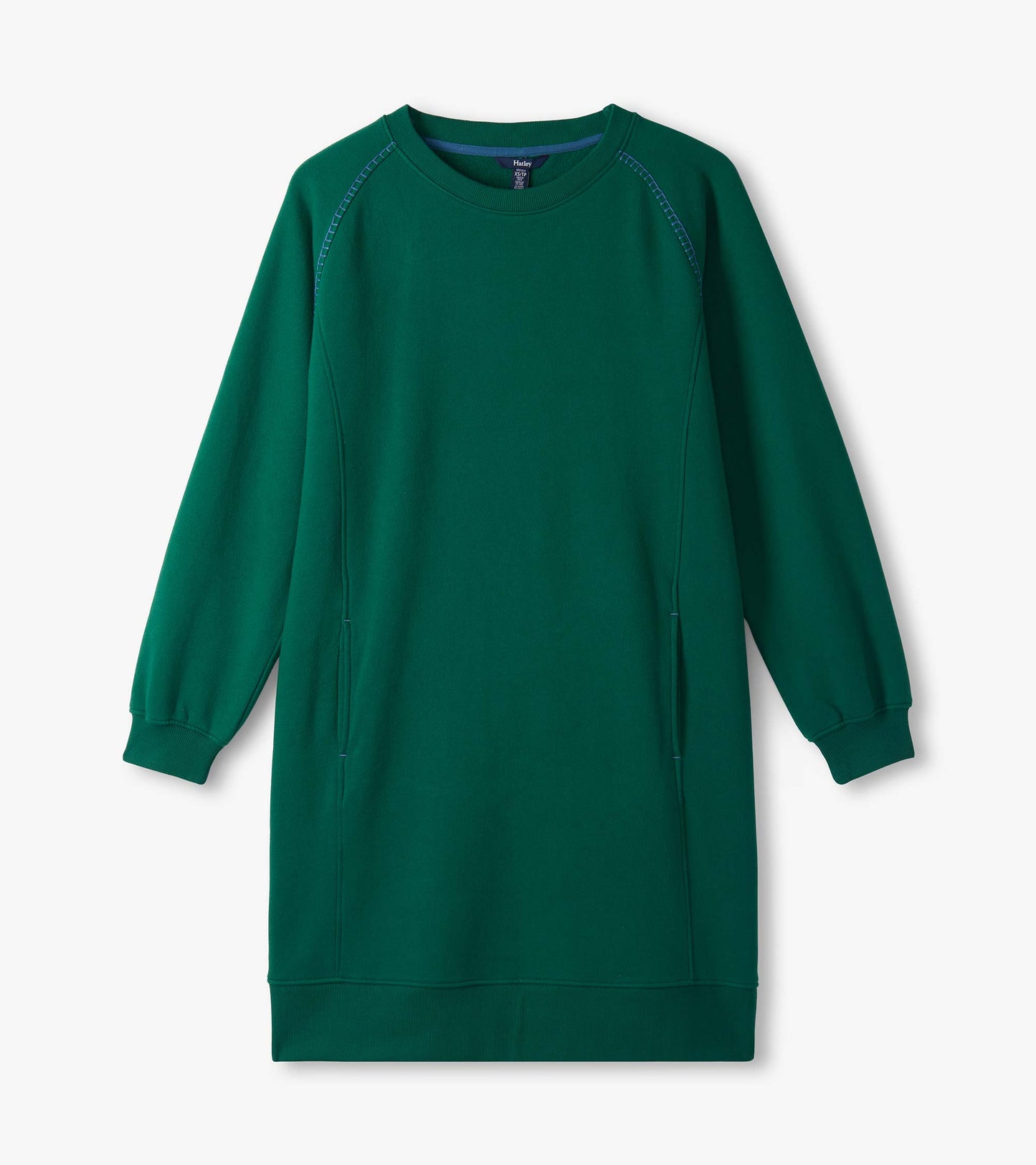 Aventurine green sweatshirt dress laid flat with long sleeves, crew neck, and contrast seam details