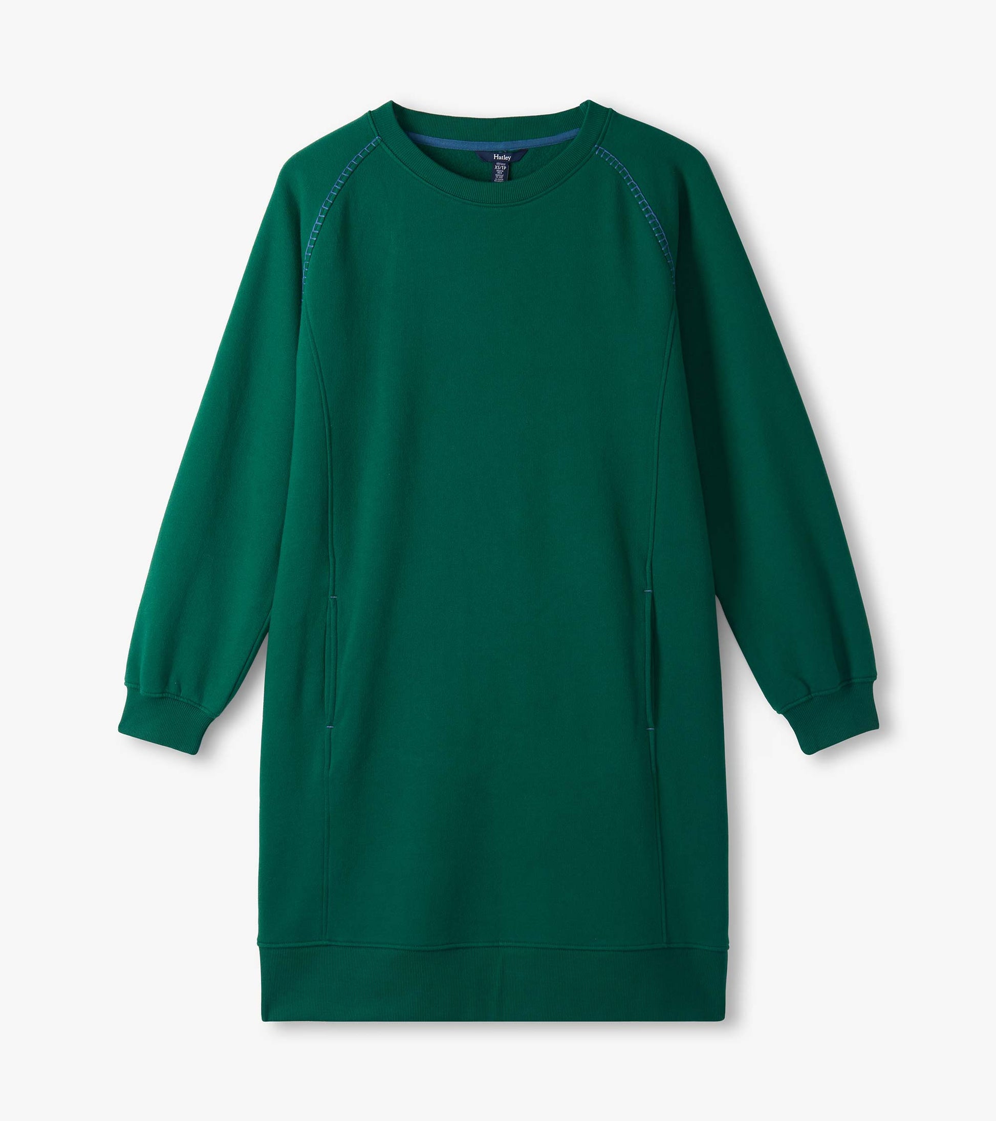 Aventurine green sweatshirt dress laid flat with long sleeves, crew neck, and contrast seam details