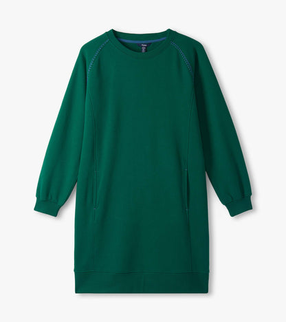 Aventurine green sweatshirt dress laid flat with long sleeves, crew neck, and contrast seam details
