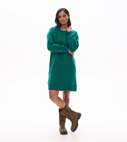 Aventurine green long sleeve sweatshirt dress with ribbed hem, styled front view