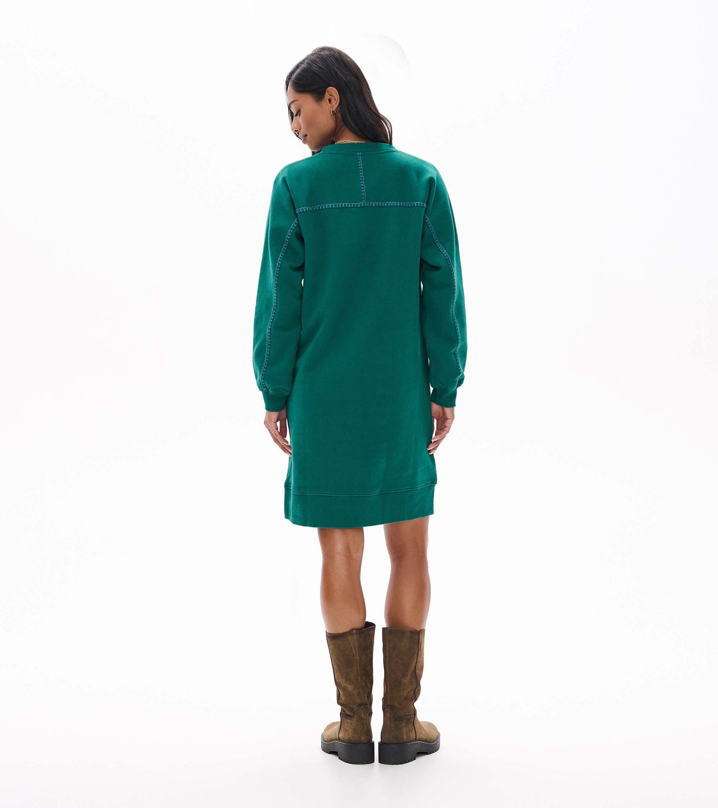 Aventurine green long sleeve sweatshirt dress with contrast seams, back view