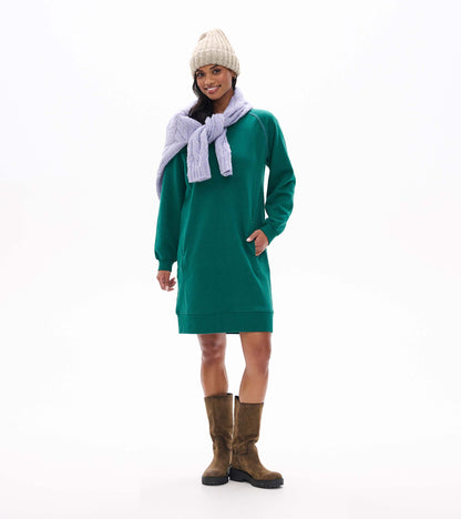 Green Everyday Dress, knee length with long sleeves, front pockets, and ribbed hem and cuffs